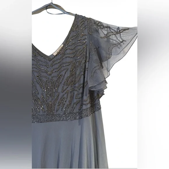 J Kara Dusty Blue Beaded Flutter Sleeve Maxi Gown – Elegant Formal Evening Dress - Picture 4 of 9